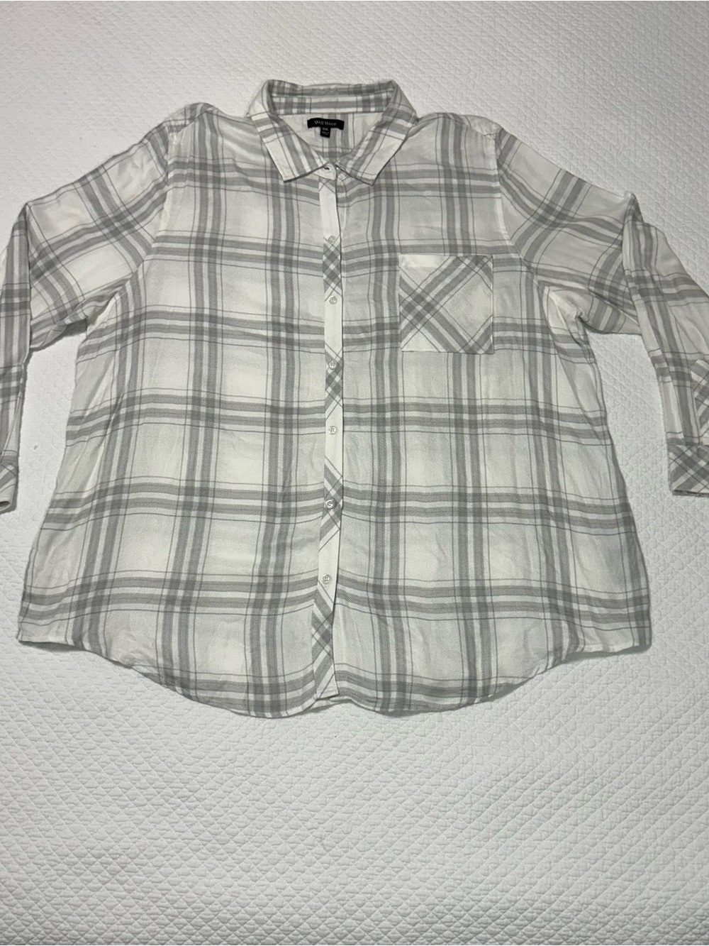 Well Worn White and Light Gray Plaid Button-Up Shirt
